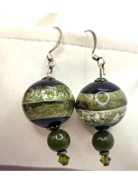 Green & Black Glass Bead Drop Earrings With Silver Hooks
